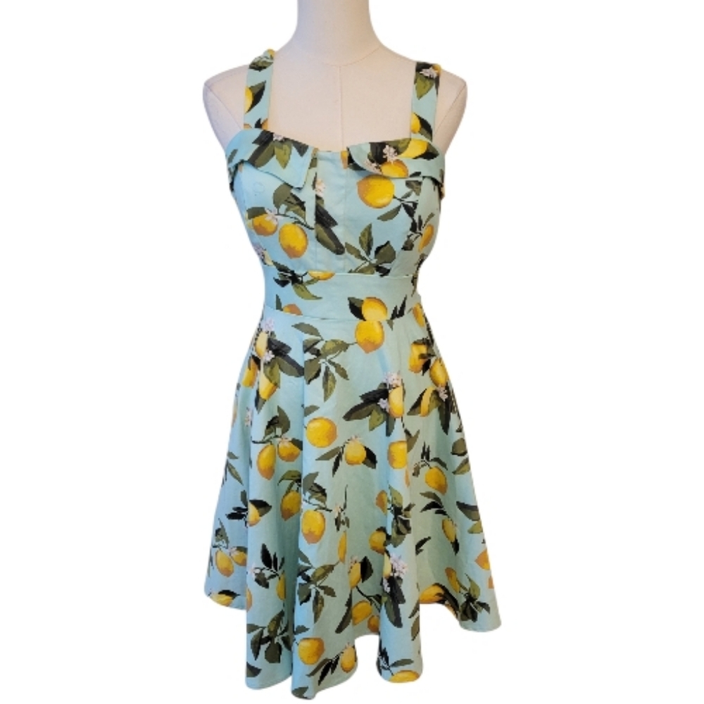 Chetta B Blue Lemon Print Retro Dress Size‎ 8